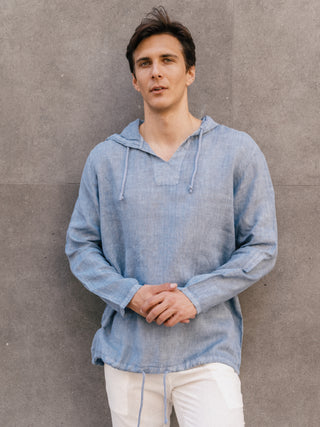 Linen Hooded Shirt | Blue