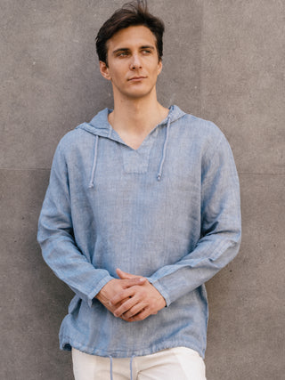 Linen Hooded Shirt | Blue